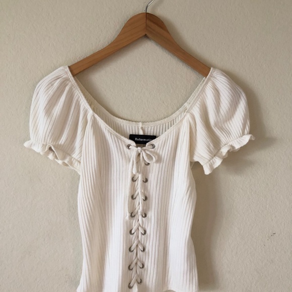 Reformation White Ribbed Tie Front Corset Sundance Top with Ruffle Sleeves - Picture 2 of 6